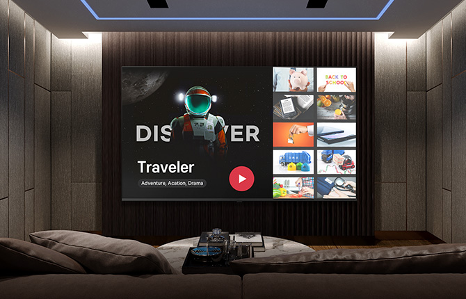 This image shows a large screen in a room, highlighting the option to choose from multiple channels.